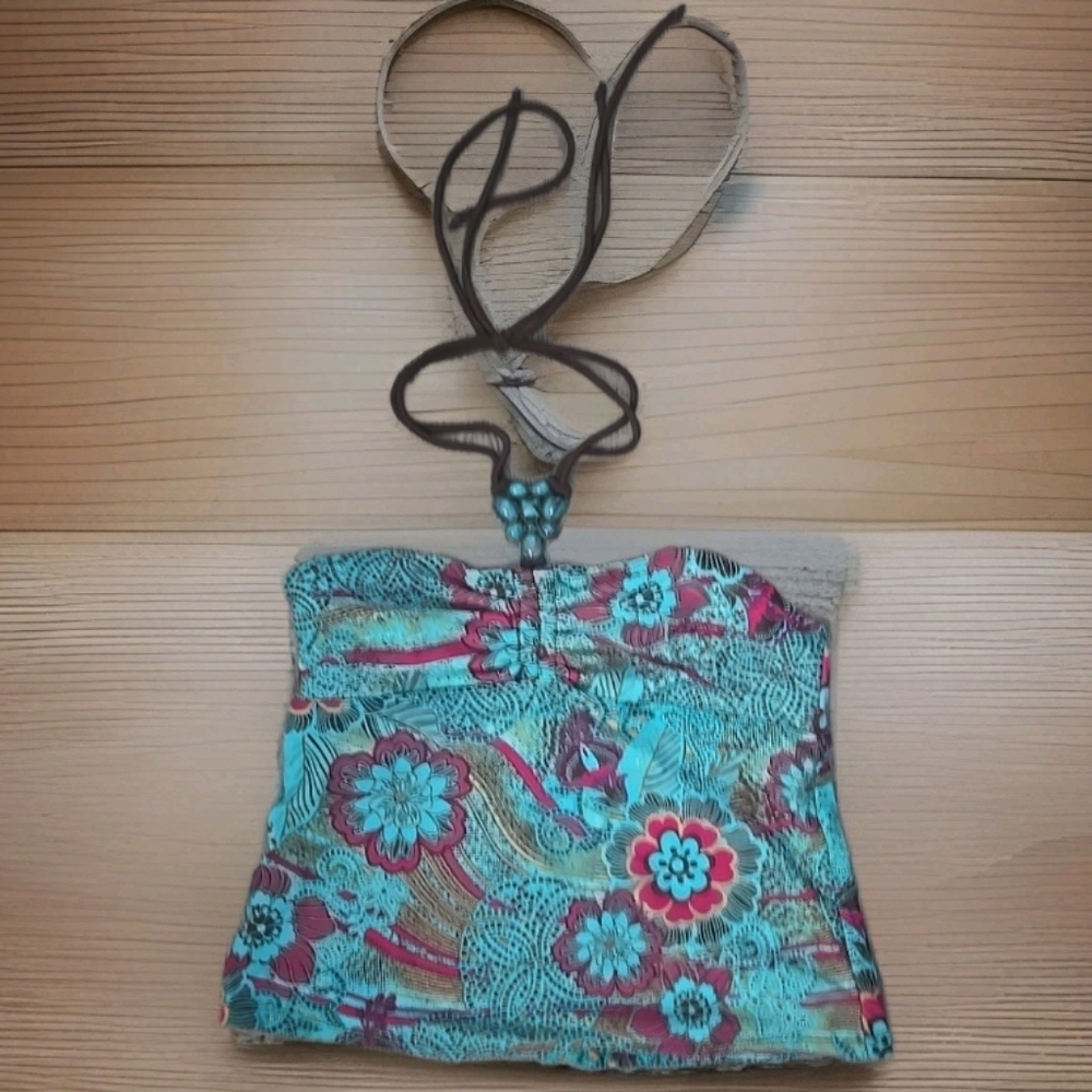 ☕️Y2K RARE FADED GLORY TURQUOISE STONE CHARM PAISLEY SWIM TOP SWIMWEAR TOP
